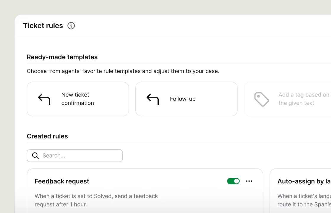 Text ticket rule templates for confirmations, follow-ups, tags, and feedback requests