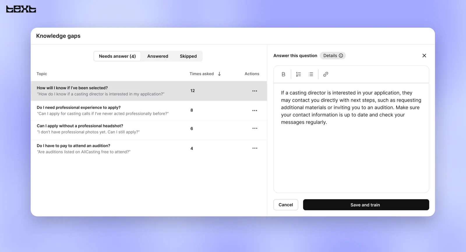 Kate uses Knowledge gaps to easily expand AI Agent’s knowledge