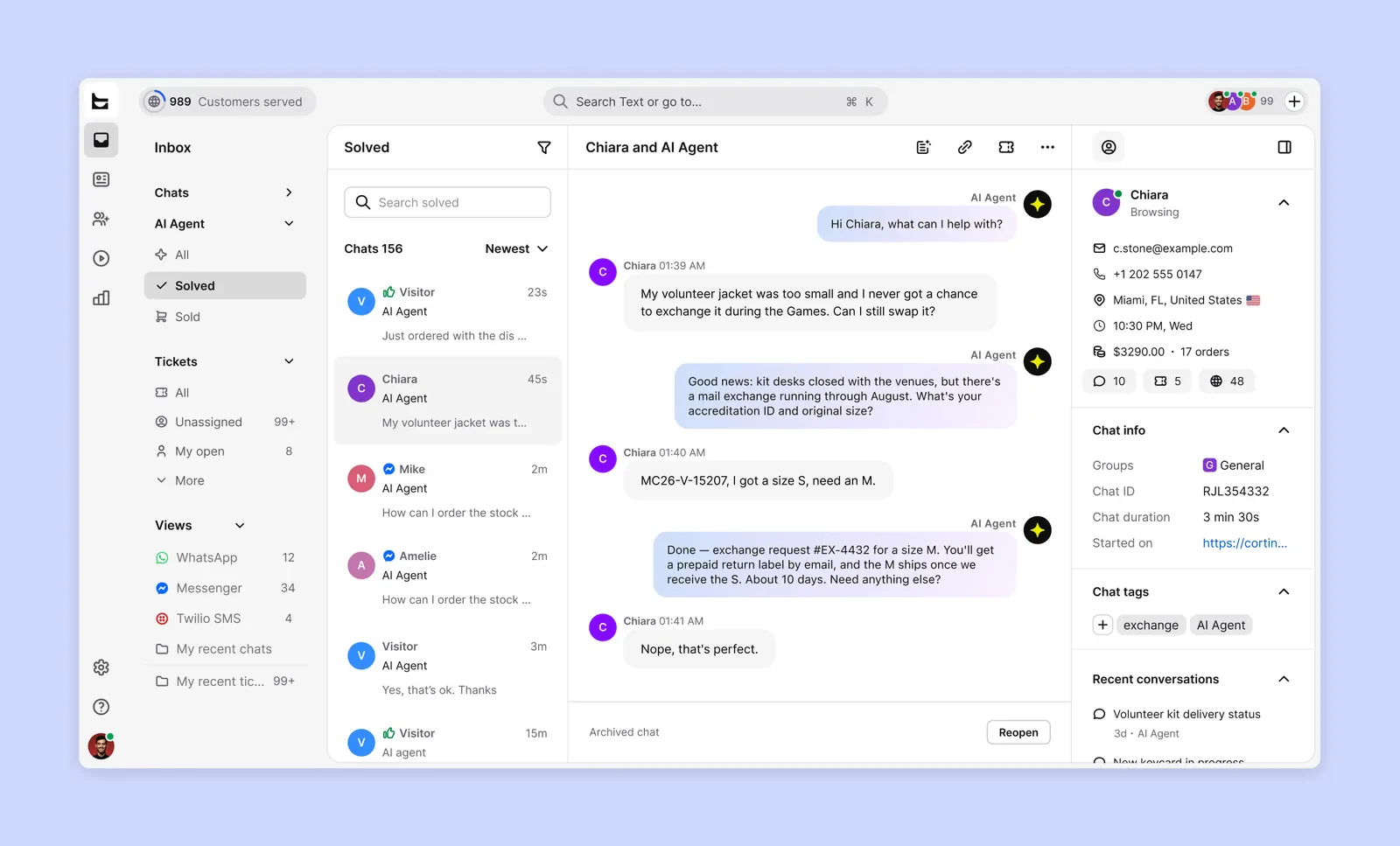 Text inbox interface showing an AI Agent conversation with a Milano Cortina 2026 volunteer
