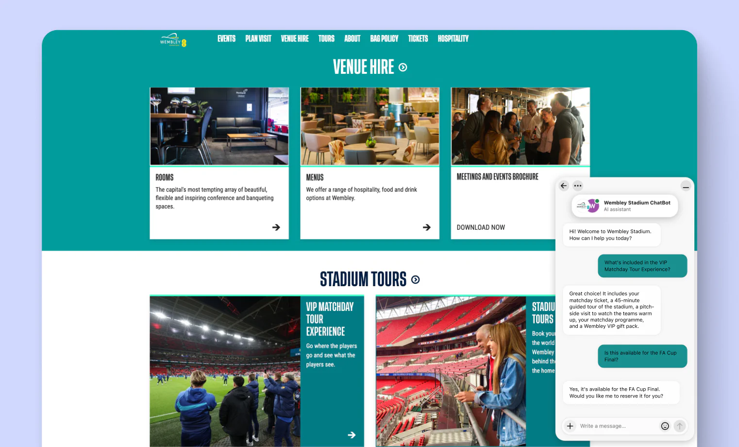 Wembley Stadium website with the AI Agent answering questions about the VIP Matchday Tour Experience