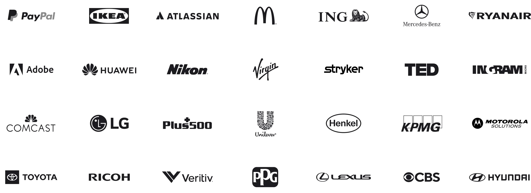 PayPal, Ikea, Atlassian, Mc. Donald's, ING, Mercedes-Benz, Ryanair, Adobe, Huawei, Nikon, Virgin, Stryker, Ingram, TED, Comcast, LG, Plus500, Unilever, Henkel, KPMG, Motorola Solutions, Toyota, Ricoh, Vertiv, PPG, Lexus, CBS, Hyundai