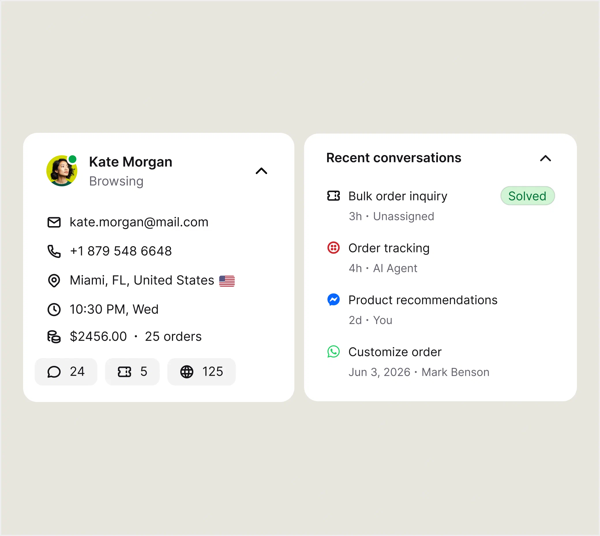 Customer profile with order history and recent ecommerce support conversations