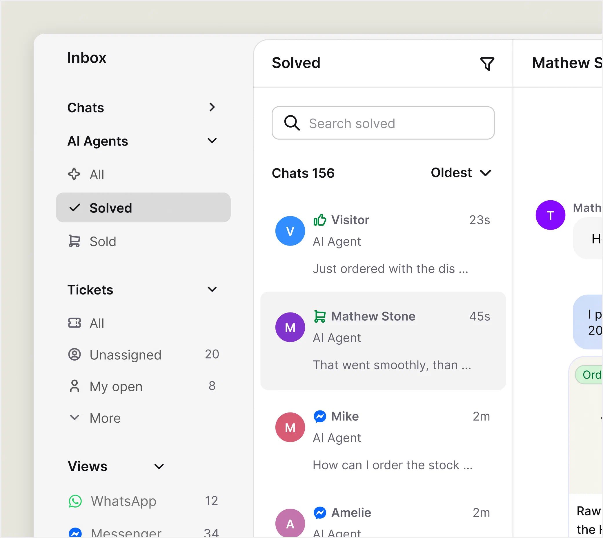 Unified workspace showing customer conversations from AI Agents, tickets, WhatsApp, and Messenger