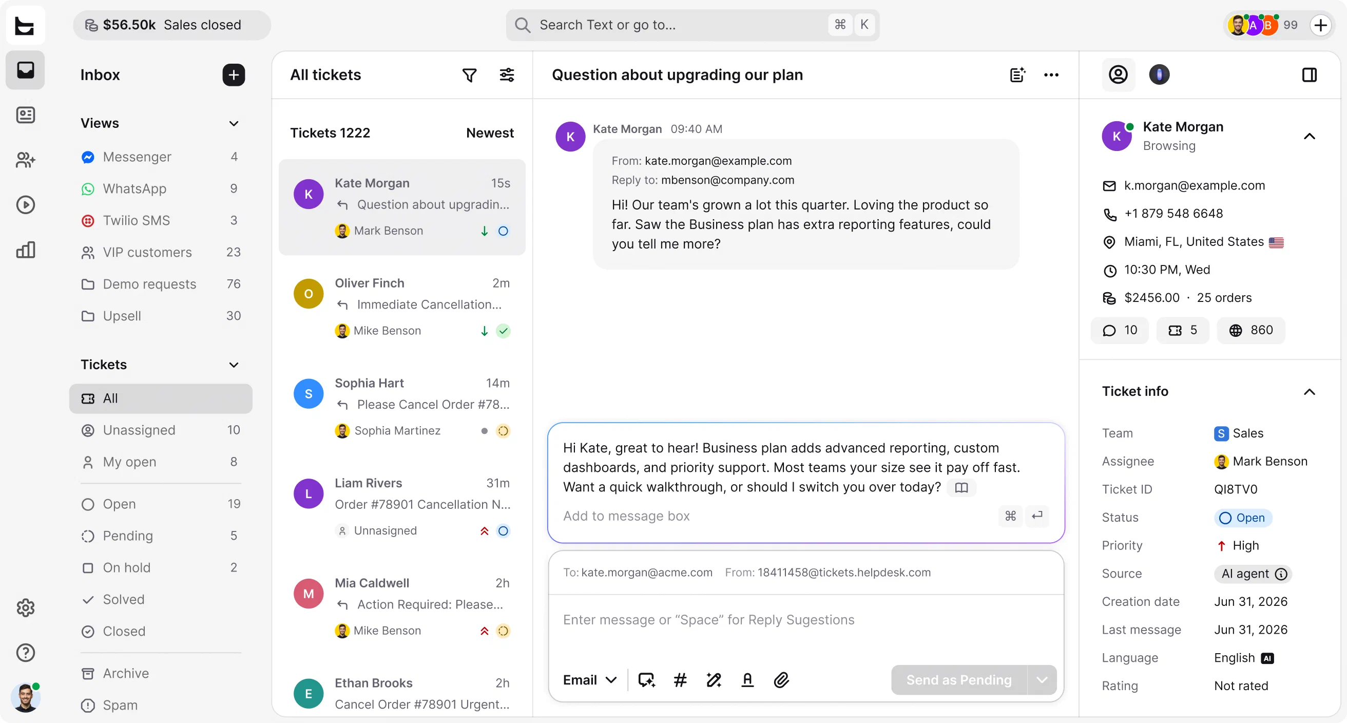 Ticket workspace with an email thread, queue, AI assistance, and ticket details