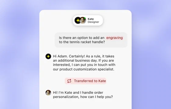 An AI Agent answers a question about engraving, then transfers the chat to Kate, a personalization specialist