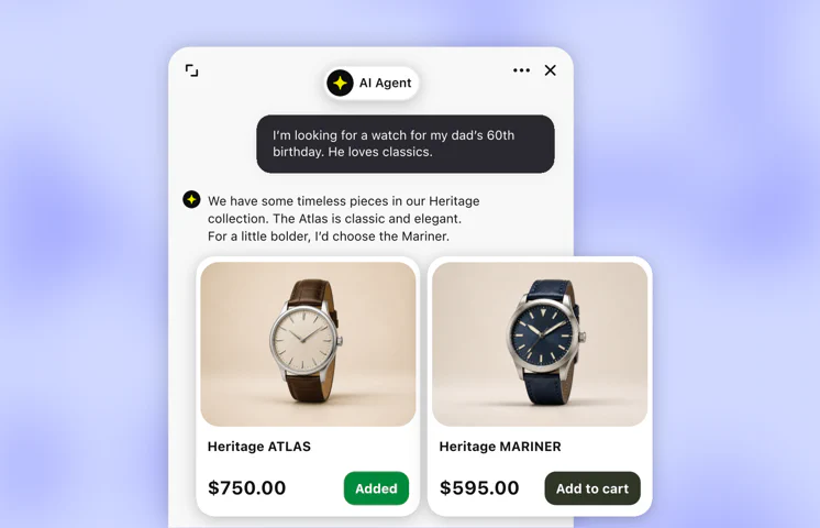 An AI Agent recommending two watches to a shopper, with prices and add to cart buttons