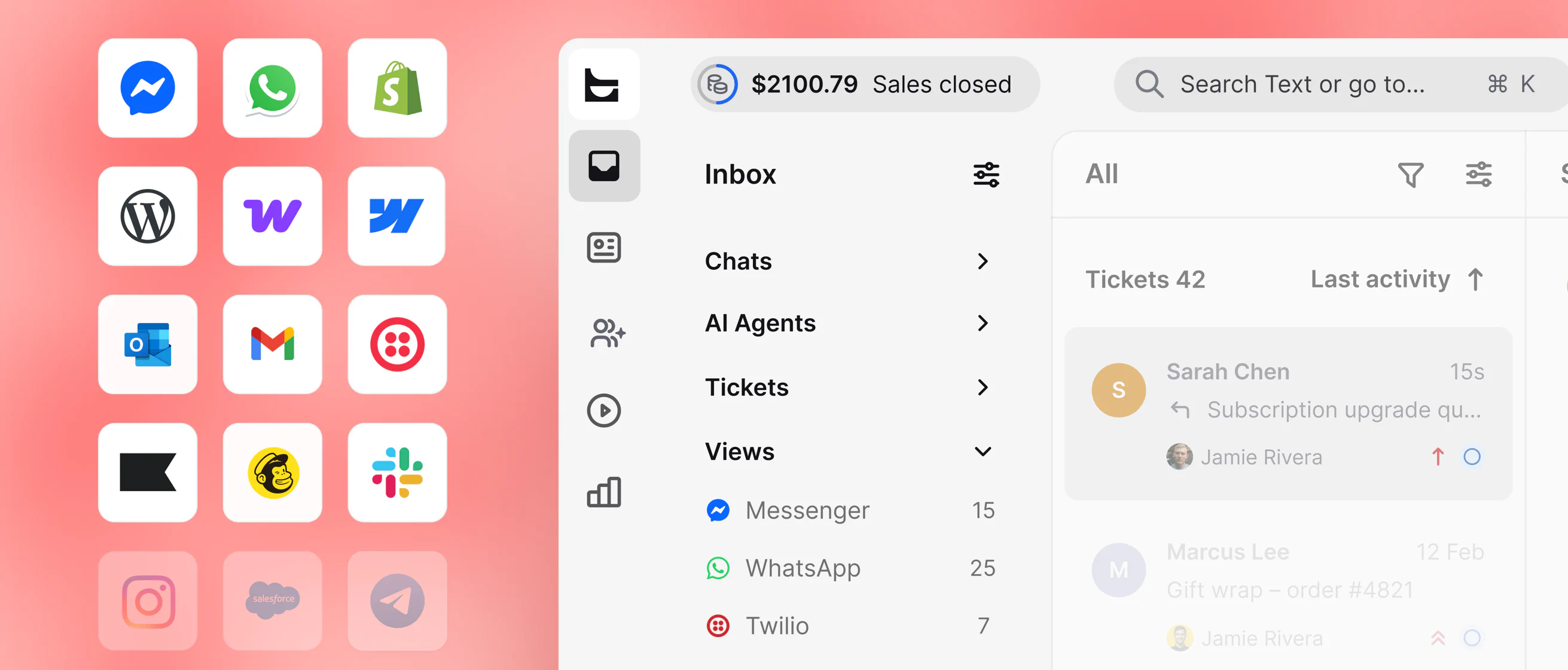 Text inbox alongside customer communication channels and web platform integrations