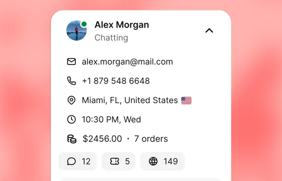 A customer profile with contact details, local time, order value, and activity counts