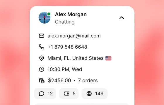 A customer profile with contact details, local time, order value, and activity counts