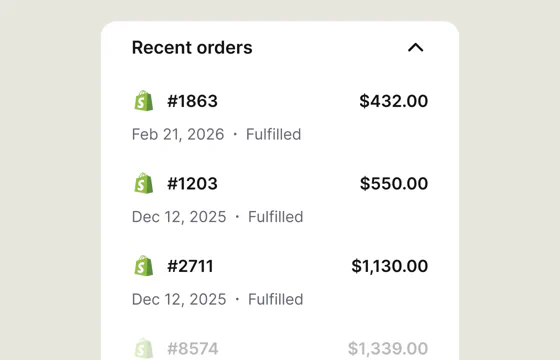 Shopify recent orders shown in the Text customer workspace