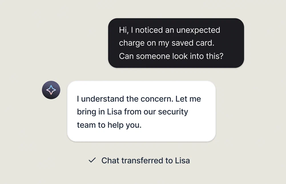 A customer reports an unexpected charge and the AI Agent transfers the chat to a specialist