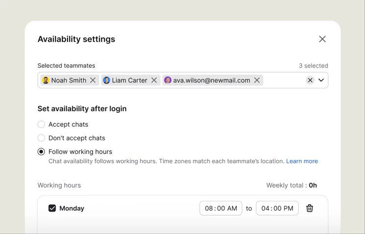 Availability settings with selected teammates and working hours