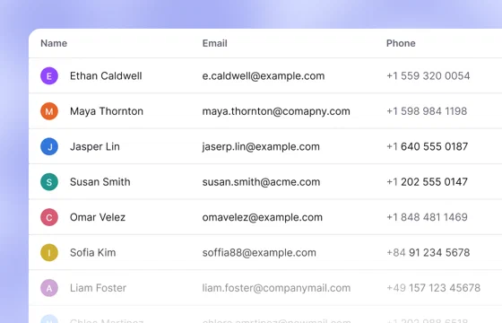 A list of leads collected in chats, with names, email addresses, and phone numbers