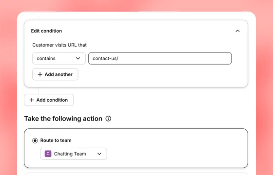 A routing rule assigning a website conversation to a chatting team