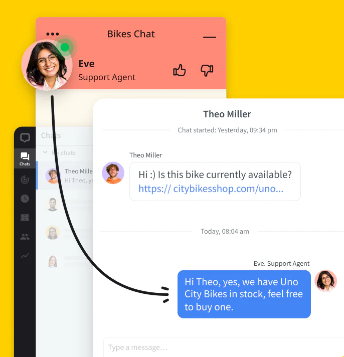 LiveChat® dashboard with a product recommendation sent asynchronously to a customer by support agent