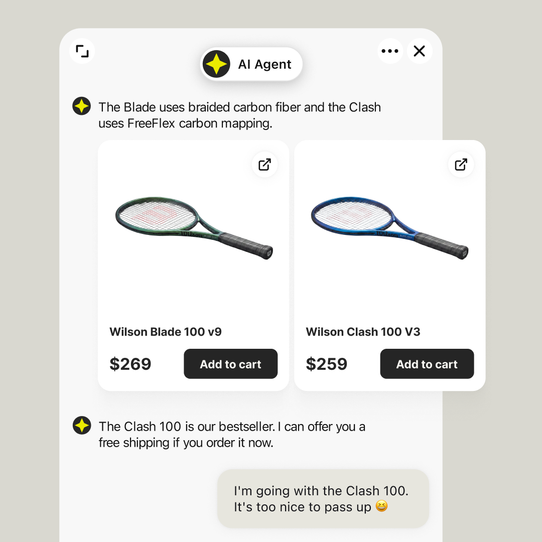 An AI Agent comparing two tennis rackets in chat and offering free shipping as the customer adds one to the cart.