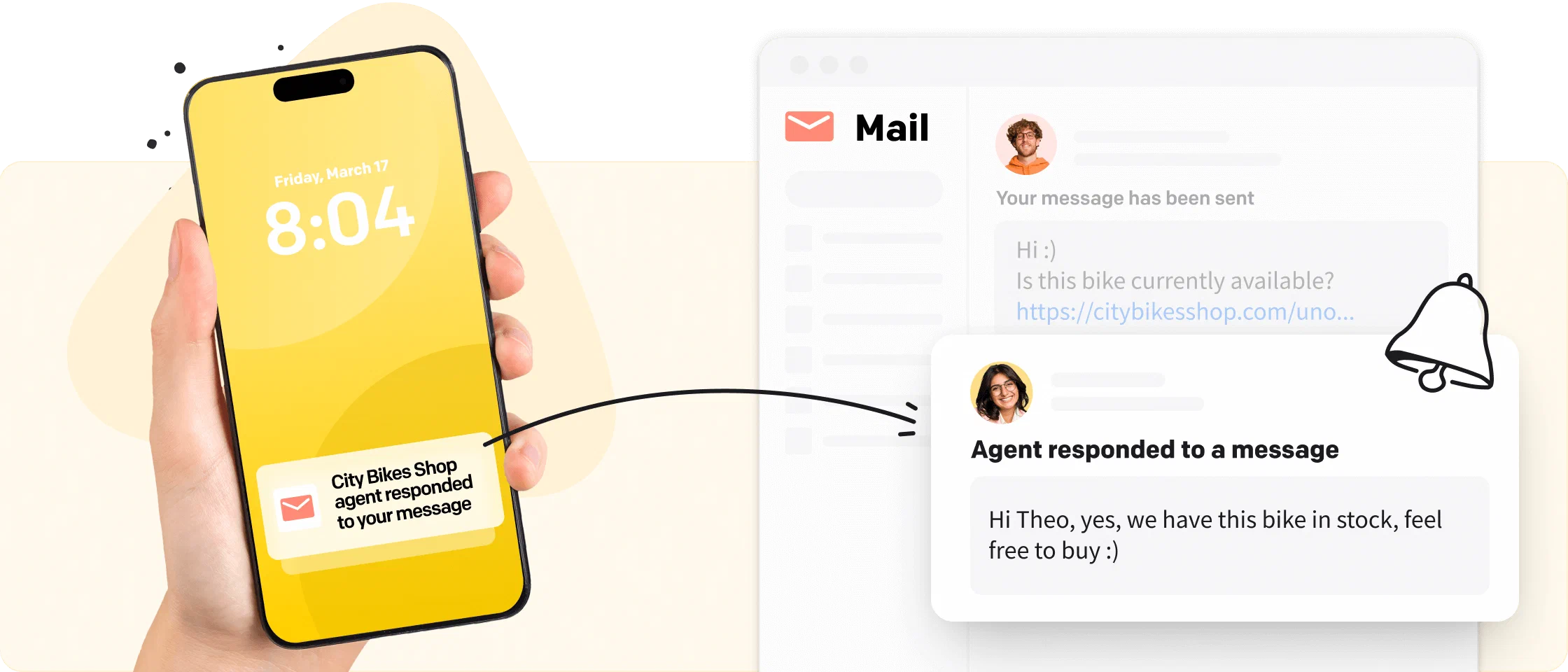 Visualization of email notification sent to a customer's mobile phone by a support agent via LiveChat® app
