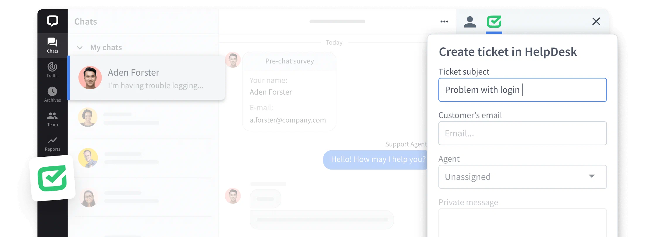 Screenshot of support ticket creator in LiveChat® application dashboard integrated with HelpDesk.com software showing tickets tab