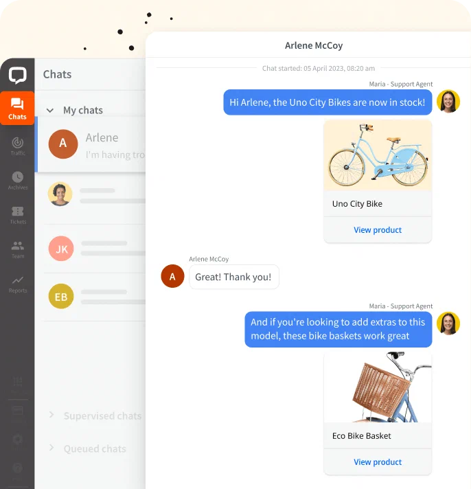 Screenshot of LiveChat® application dashboard with a restarted conversation between agent and client