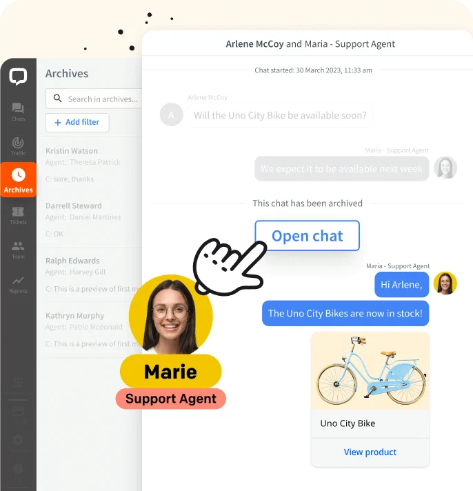 Screenshot of LiveChat® dashboard with a product recommendation sent asynchronously to a customer by support agent