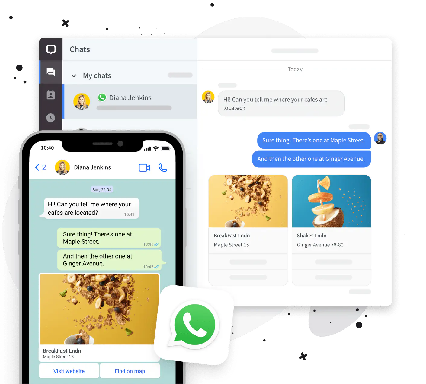 Screenshots showing WhatsApp Business integration features