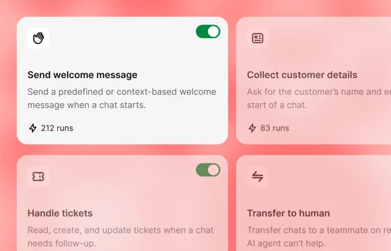 Built-in AI agent skills for welcome messages, customer details, tickets, and transfers