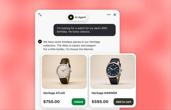 Custom AI shopping chat recommending two watches with product cards, prices, and add-to-cart controls