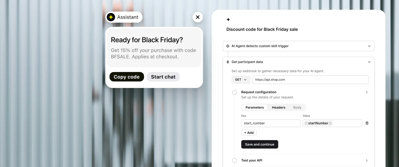 Text chat widget offering a Black Friday discount code, next to an AI agent custom skill that calls a webhook to fetch participant data