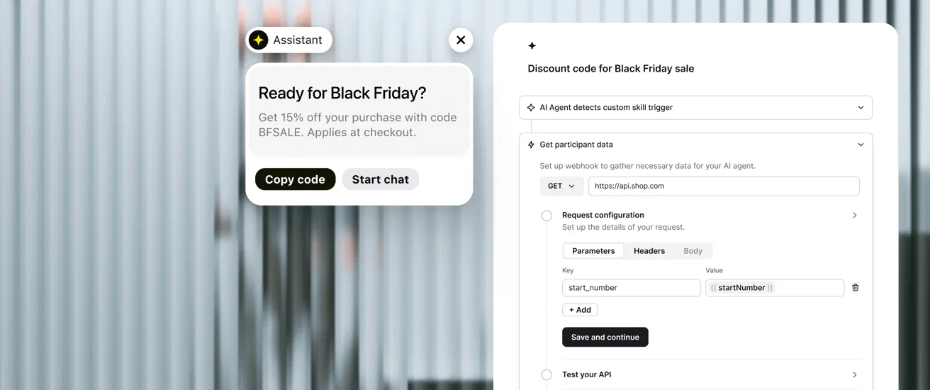 Text chat widget offering a Black Friday discount code, next to an AI agent custom skill that calls a webhook to fetch participant data