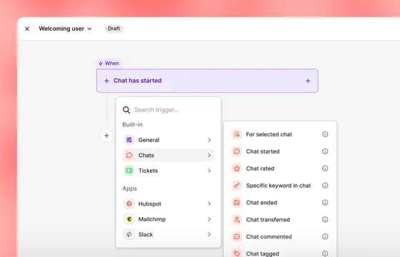 Playbook automation workspace with a chat-started trigger and built-in events and app integrations