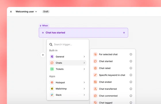 Playbook automation workspace with a chat-started trigger and built-in events and app integrations