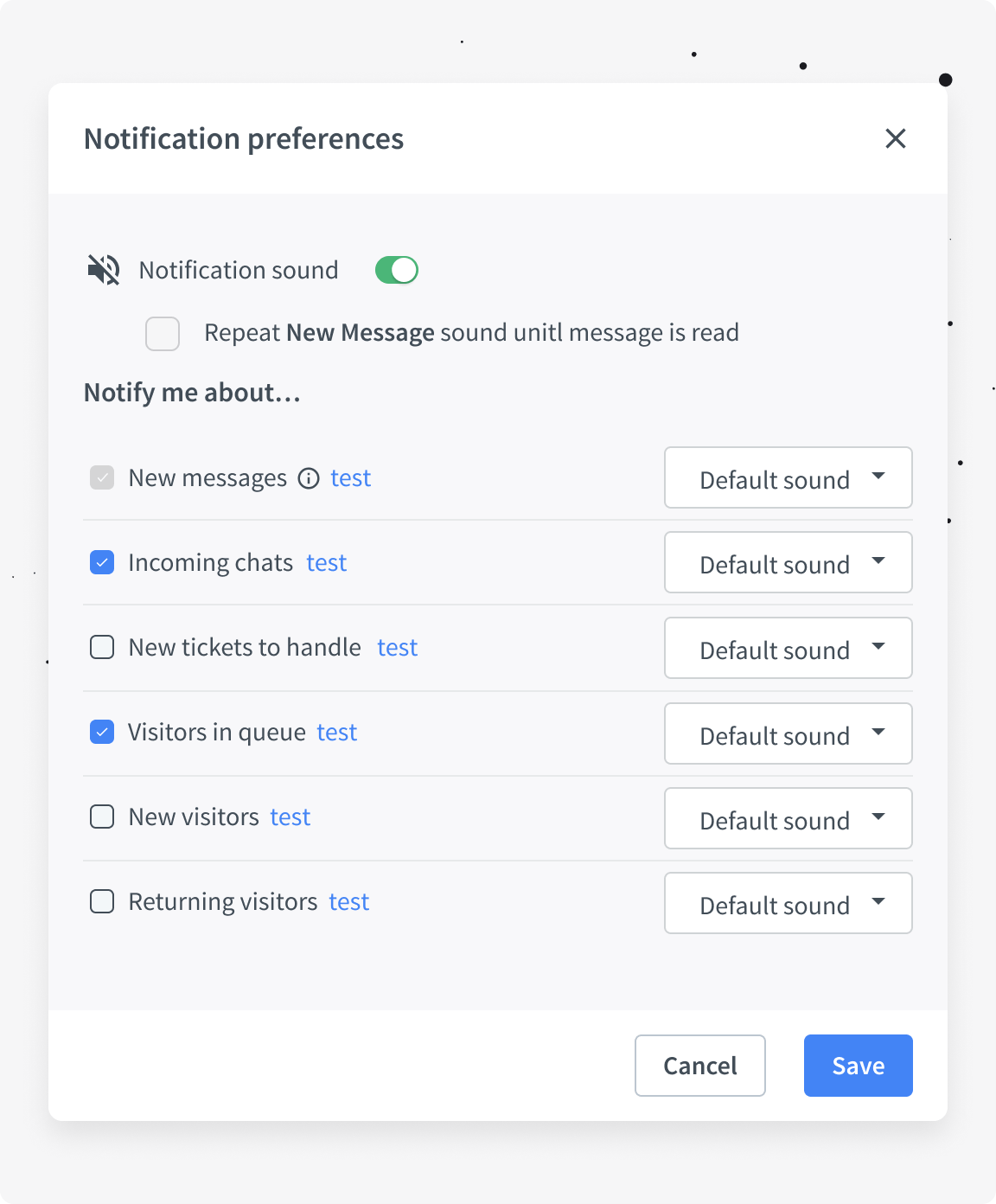 Menu des préférences de notification LiveChat