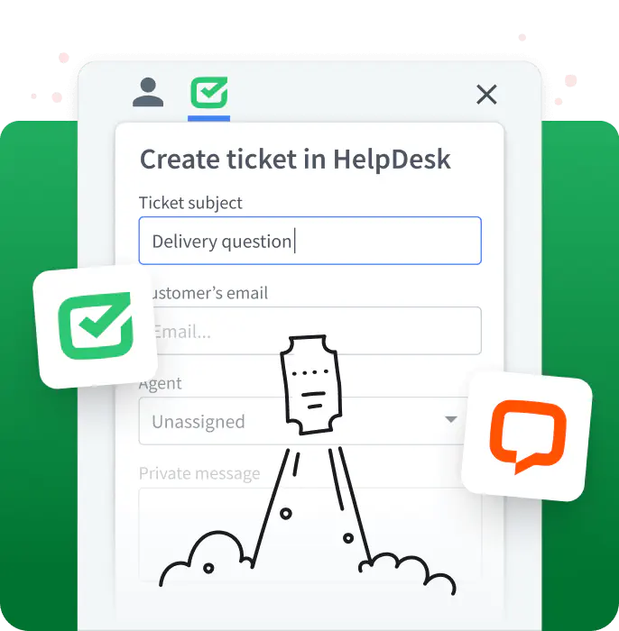 Visualization of a ticket creation in HelpDesk during a conversation with a customer in the LiveChat app