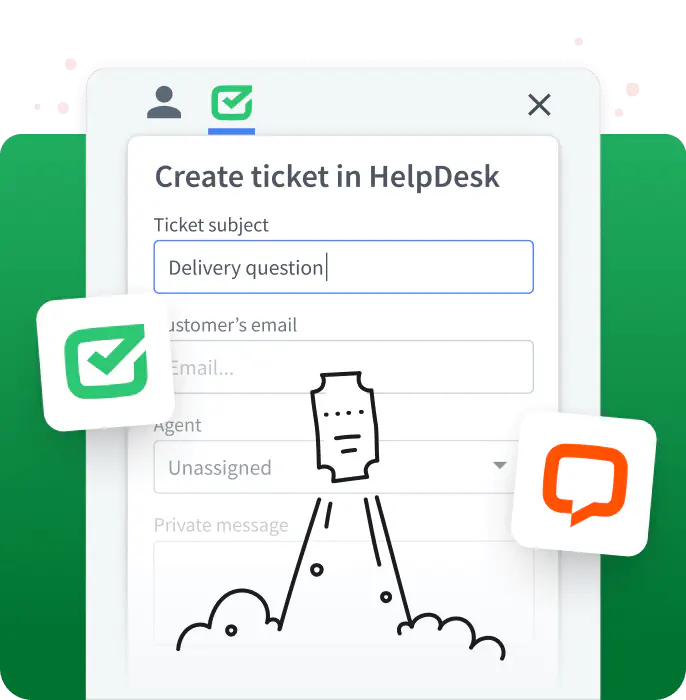 Visualization of a ticket creation in HelpDesk during a conversation with a customer in the LiveChat® app