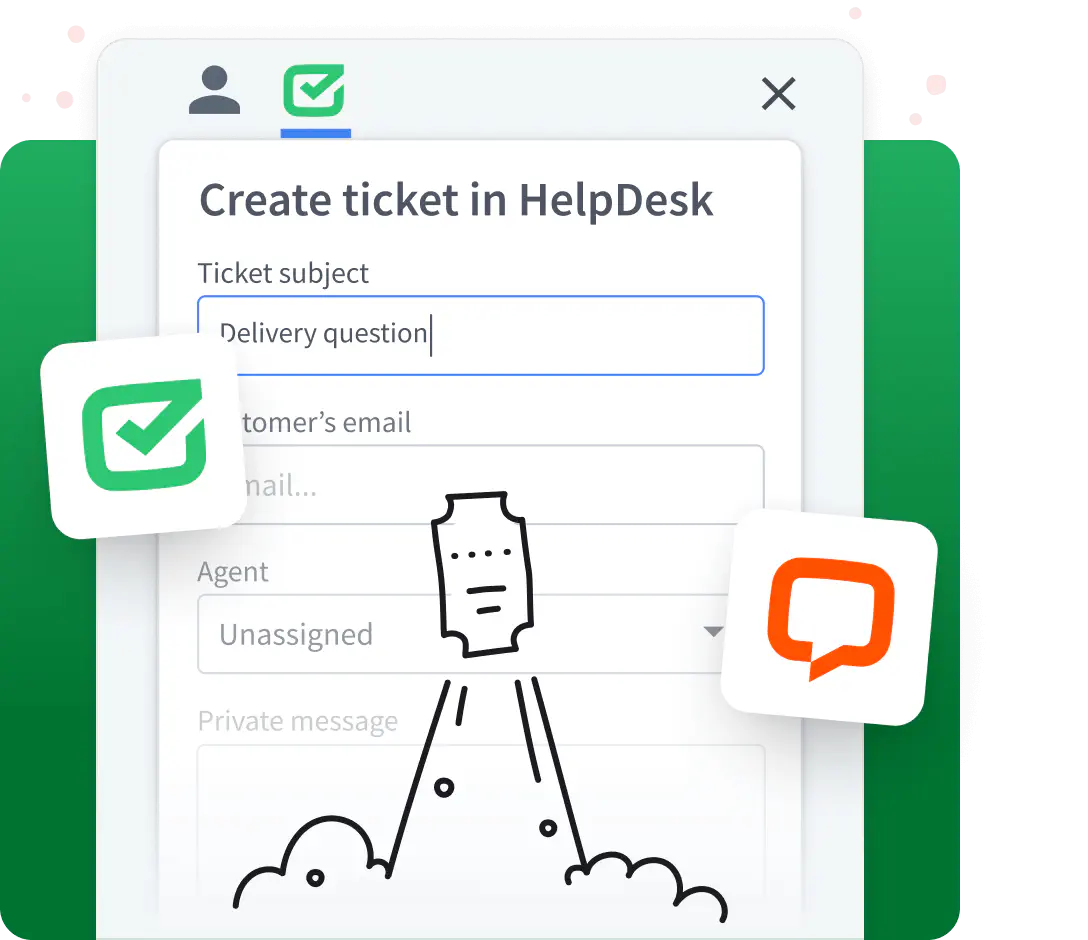 Visualization of a ticket creation in HelpDesk during a conversation with a customer in the LiveChat app