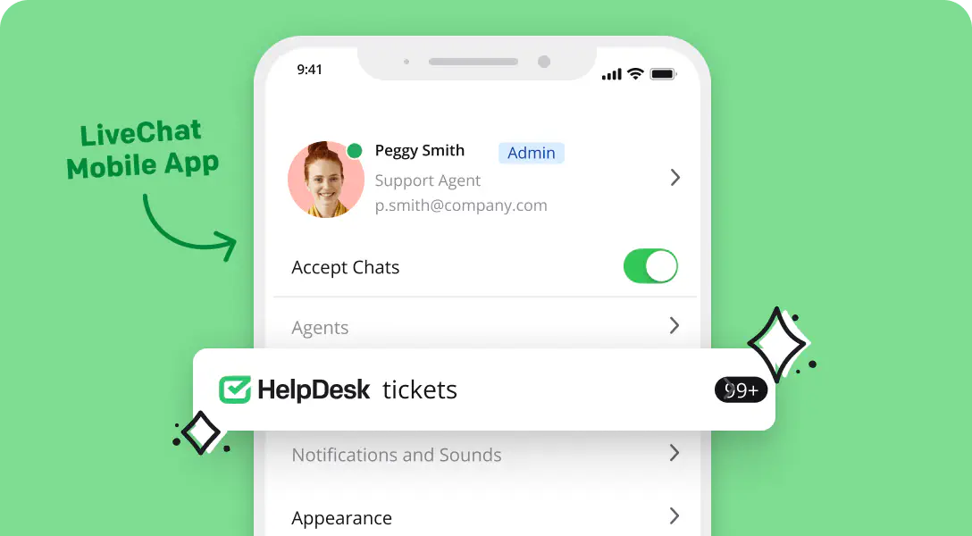 Visualization of HelpDesk tickets management available in the LiveChat mobile app