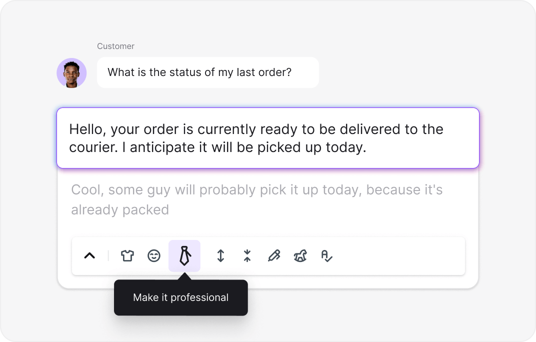 AI text enhancement tool adjusting message tone and style in LiveChat for WhatsApp Business