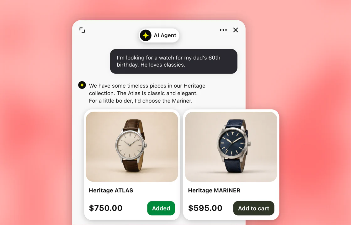 Text AI Agent recommending two watches as product cards with prices, one added to the cart