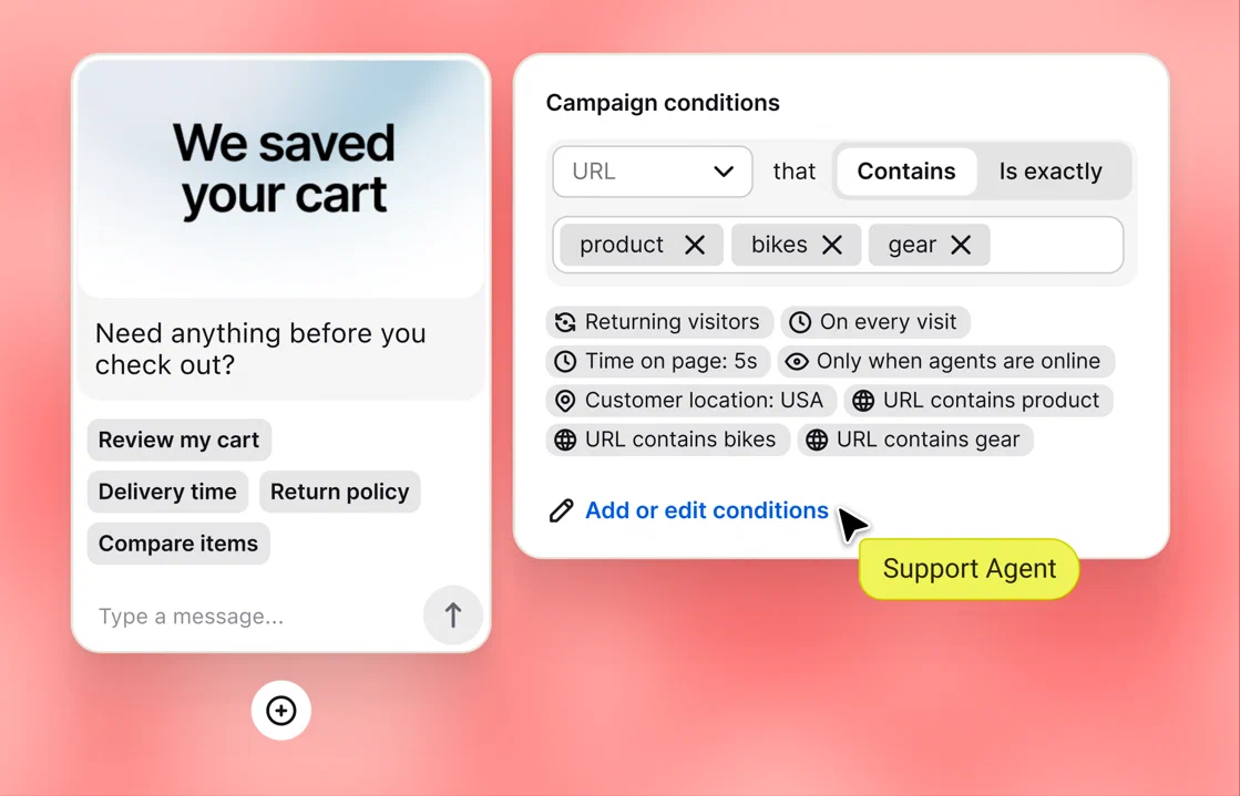 Text campaign message We saved your cart, with conditions for returning visitors, 5 seconds on the page, and product page URLs
