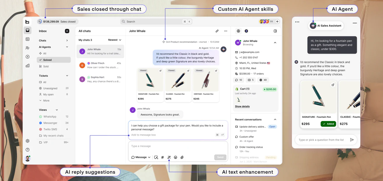 Text inbox and chat widget where the AI Agent recommends three fountain pens under $300 and the shopper adds one to the cart