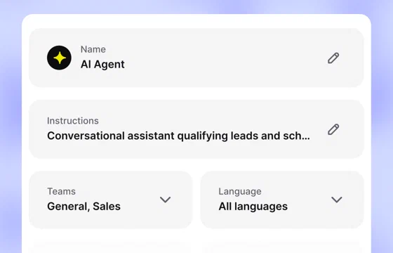 Text AI Agent settings with its name, instructions for qualifying leads, assigned teams, and All languages selected