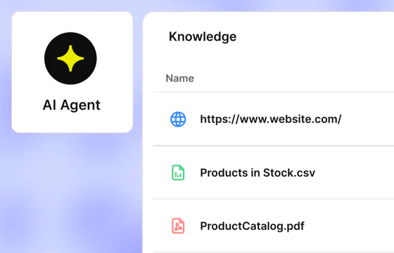Text AI Agent knowledge list with a website URL, a products CSV file, and a product catalog PDF
