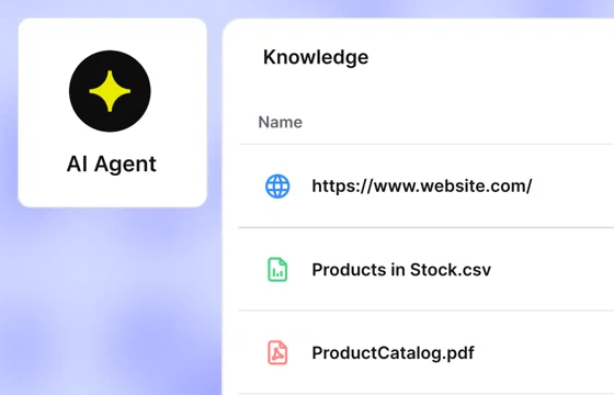 Text AI Agent knowledge list with a website URL, a products CSV file, and a product catalog PDF