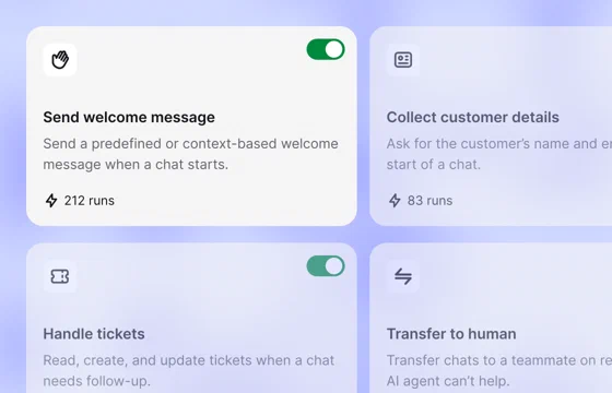 Text AI Agent skills for sending a welcome message, collecting customer details, handling tickets, and transferring to a human