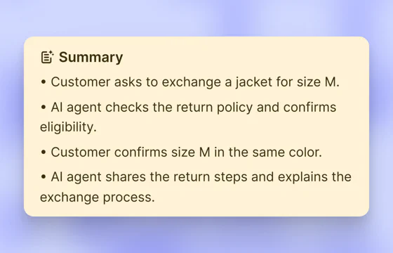 Text chat summary listing a jacket size exchange, the return policy check, and the next steps