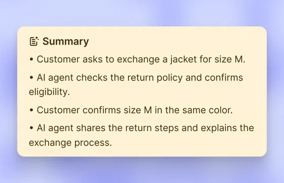 Text chat summary listing a jacket size exchange, the return policy check, and the next steps