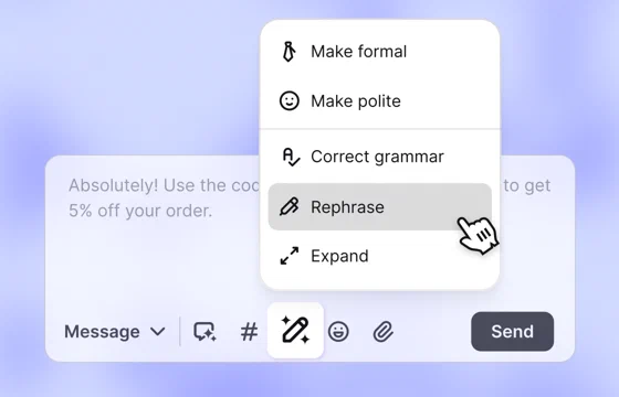 Text Refine menu above the message box with Make formal, Make polite, Correct grammar, Rephrase, and Expand
