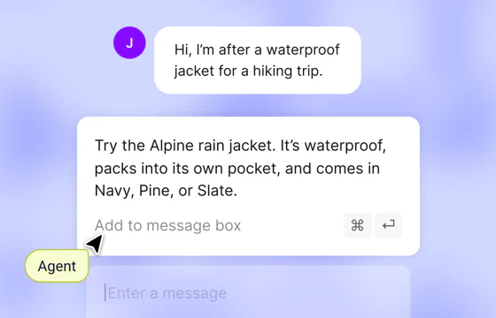 Text reply suggestion recommending a waterproof rain jacket, with an Add to message box action