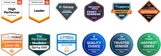Collection of software award badges for 2025 and 2026, including G2 Spring 2026 High Performer Enterprise, G2 Spring 2026 Leader, GetApp Category Leaders 2025, Software Advice Front Runners 2026, Capterra Shortlist 2026, SourceForge Customers Love Us, Crozdesk Quality Choice 2026, Crozdesk Trusted Vendor 2026, and Crozdesk Happiest Users 2026.