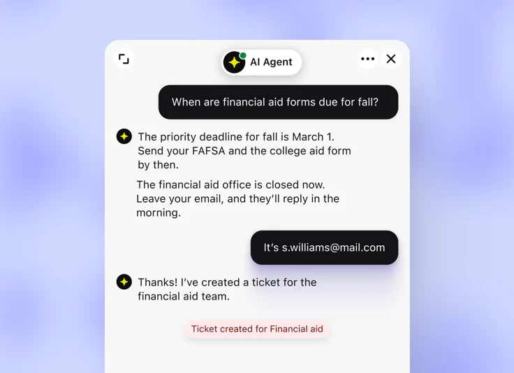 AI Agent answering a financial aid question after hours, collecting an email, and creating a ticket for the financial aid team
